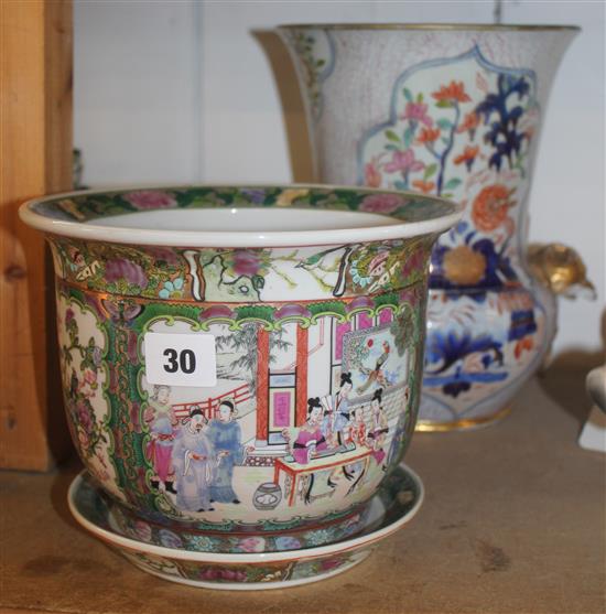 Canton style jardiniere and stand & an Ironstone floral-decorated vase (a.f)